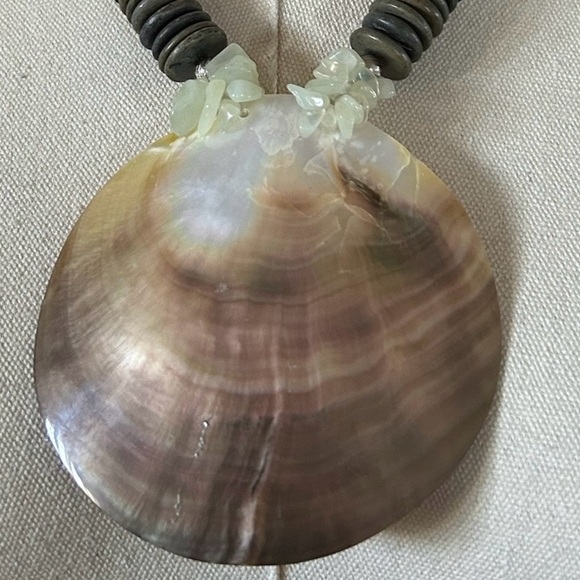 MCM Large Shell Pendant, Chalcedony, Keshi Pearl, Wood Statement Necklace. - Picture 2 of 5